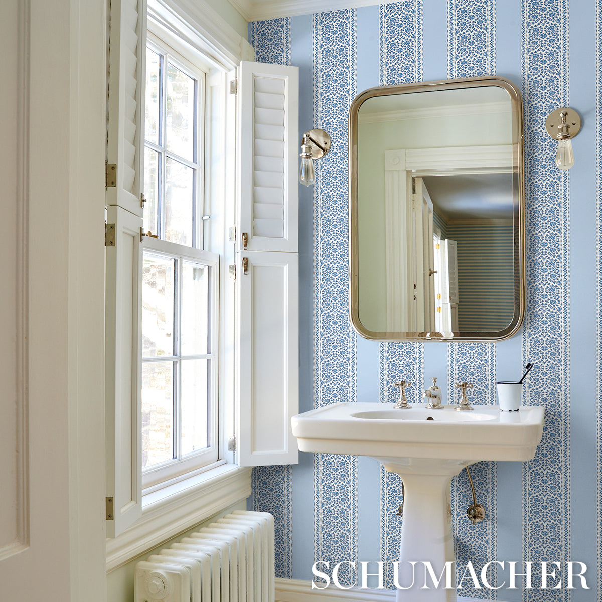 JASMINE Indigo by Schumacher Blue and White Floral Stripe Wallpaper – Schumacher 5014340
