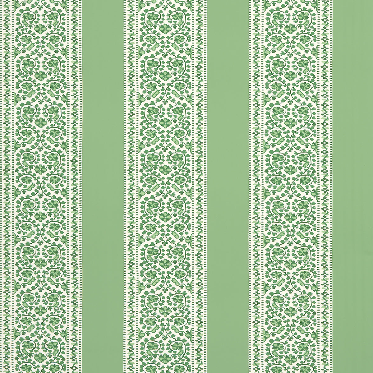 JASMINE wallpaper in Leaf Green from Schumacher's Moon River collection, featuring a botanical stripe pattern in green and white.