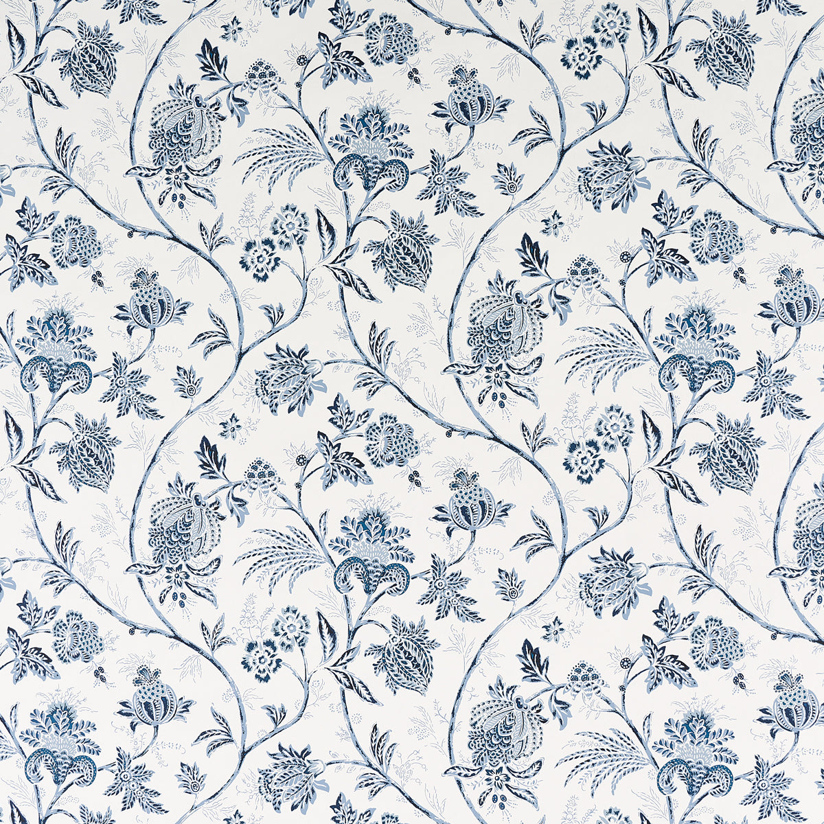 Chinoiserie Vine wallpaper in cobalt blue by Mark D. Sikes for Schumacher, featuring an intricate floral and vine pattern.