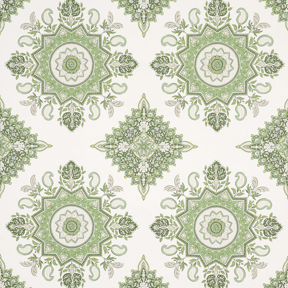 Montecito Medallion wallpaper in leaf green by Mark D. Sikes for Schumacher, featuring large-scale medallion motifs inspired by India and Turkey.