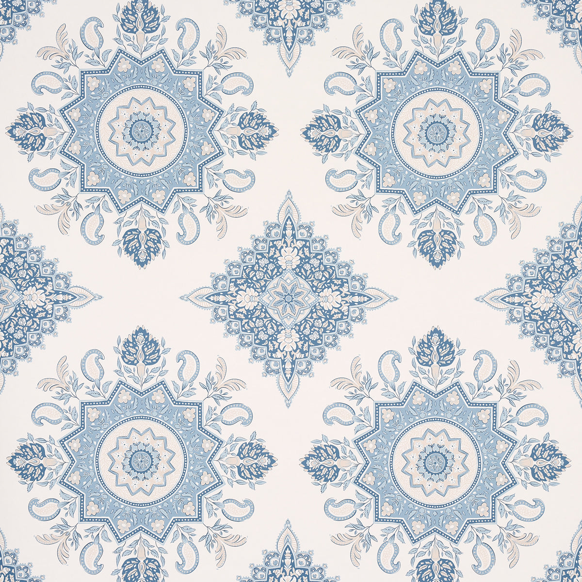 Montecito Medallion wallpaper in China Blue by Mark D. Sikes for Schumacher, featuring large-scale medallion motifs inspired by India and Turkey.