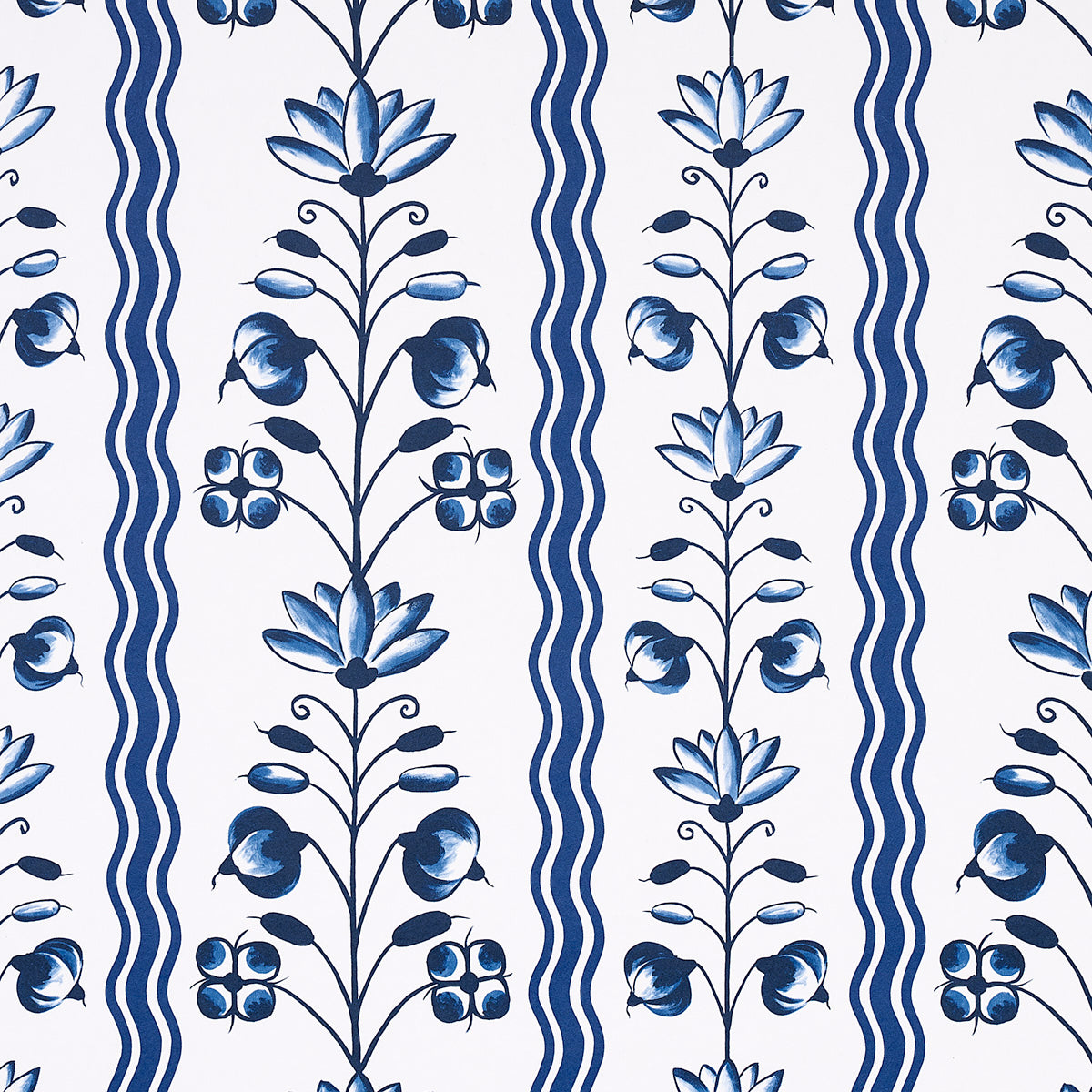 Delft Waves blue and white floral and wavy stripe wallpaper by Marie-Anne Oudejans for Schumacher, shown in styled and close-up views.