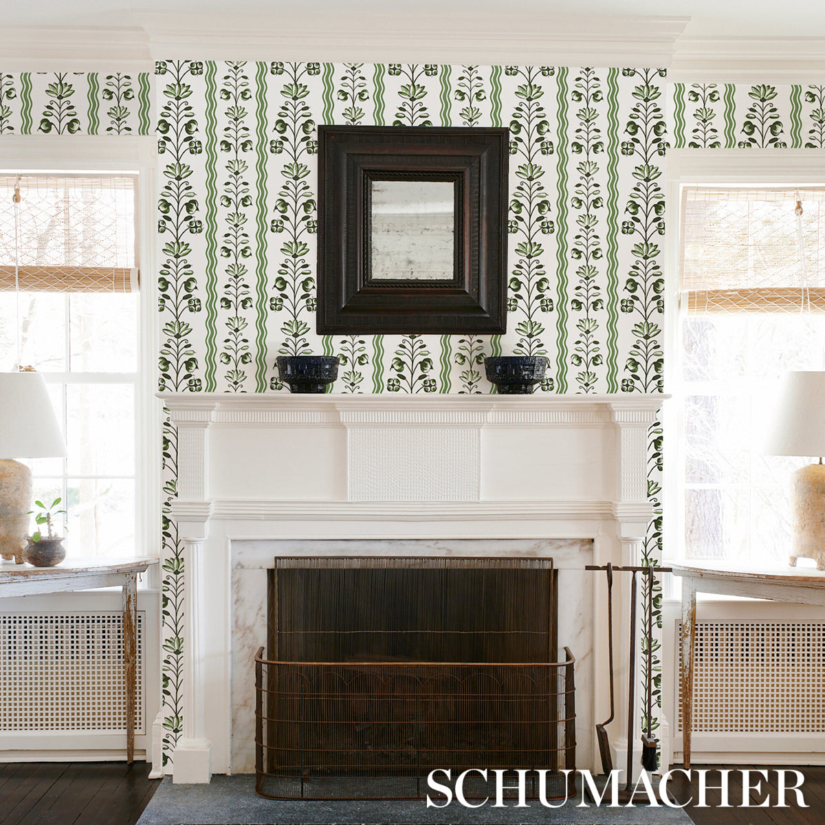 Delft Waves Green by Schumacher Hand-Painted Floral Stripe Wallpaper – Marie-Anne Oudejans 5014381