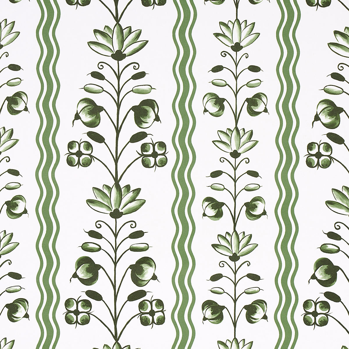 Delft Waves green wallpaper by Schumacher, featuring stylized flowers and wavy stripes in a hand-painted look, designed by Marie-Anne Oudejans.