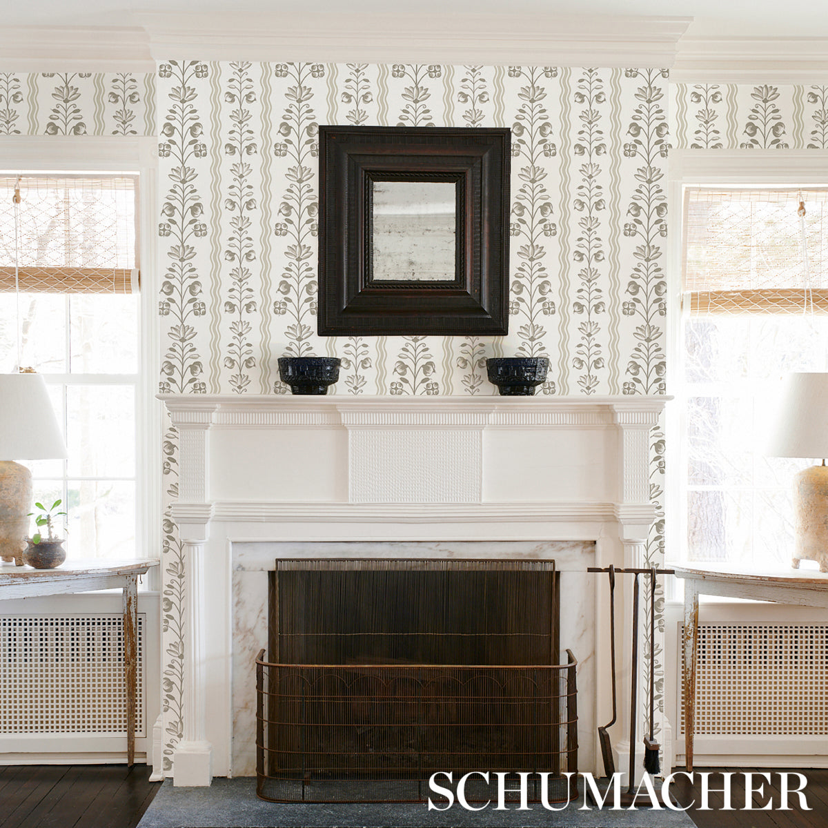 Delft Waves Neutral by Schumacher Hand-Painted Floral Stripe Wallpaper – Marie-Anne Oudejans 5014382