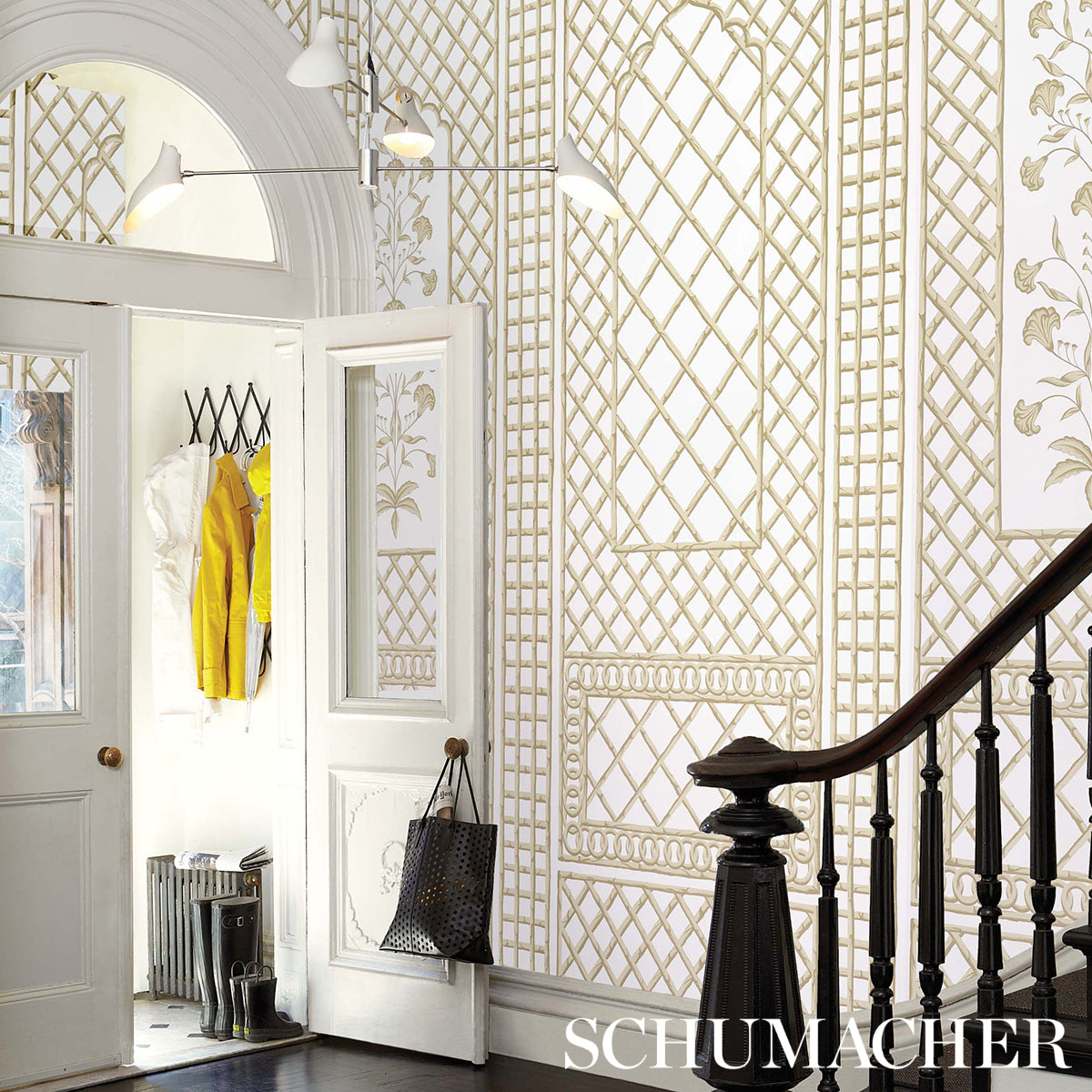 Bamboo Trellis Panel A Neutral by Marie-Anne Oudejans Schumacher Designer Wallpaper Panel – Schumacher 5014392