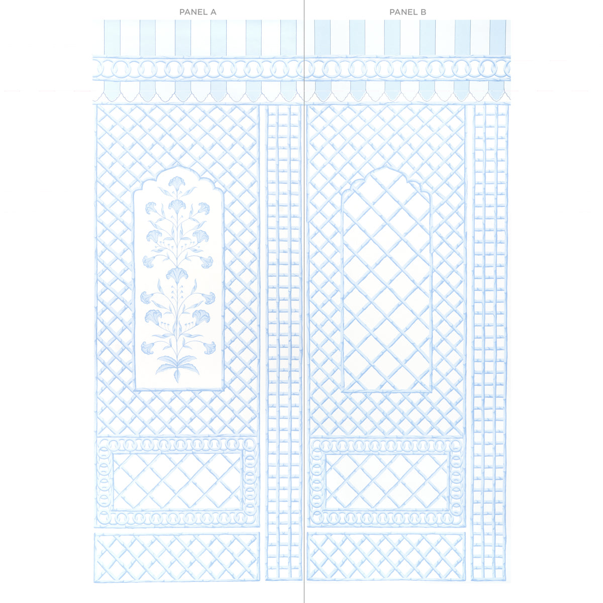 Bamboo Trellis Panel B Blue by Marie-Anne Oudejans Chic Lattice Wallpaper Panel – Schumacher 5014401