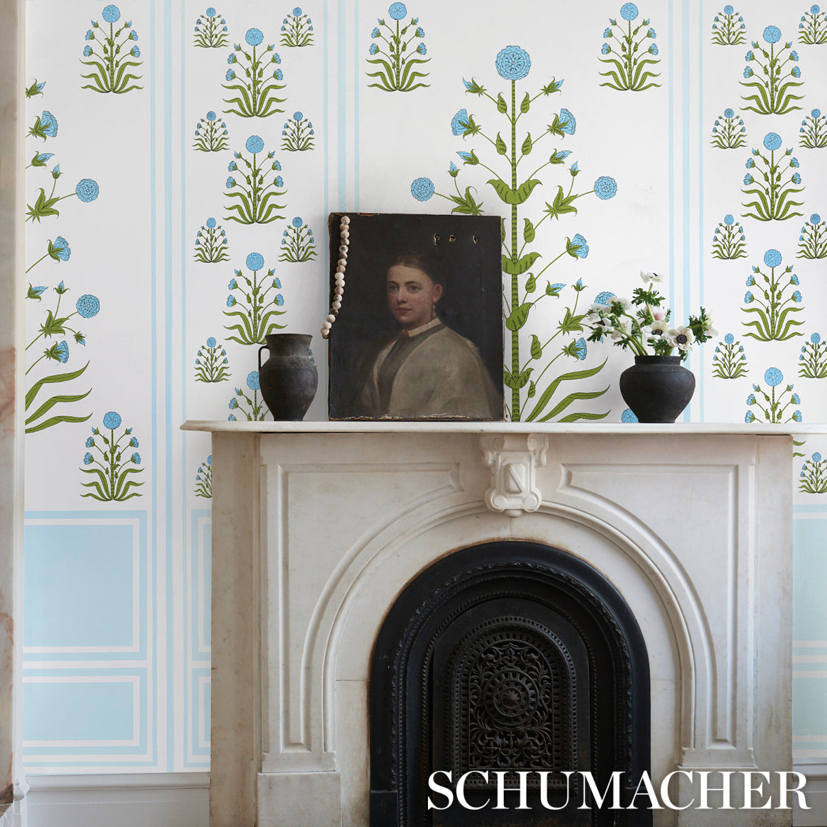 Royal Poppy Panel A Blue by Marie-Anne Oudejans Schumacher Wallpaper Panel – Schumacher 5014431
