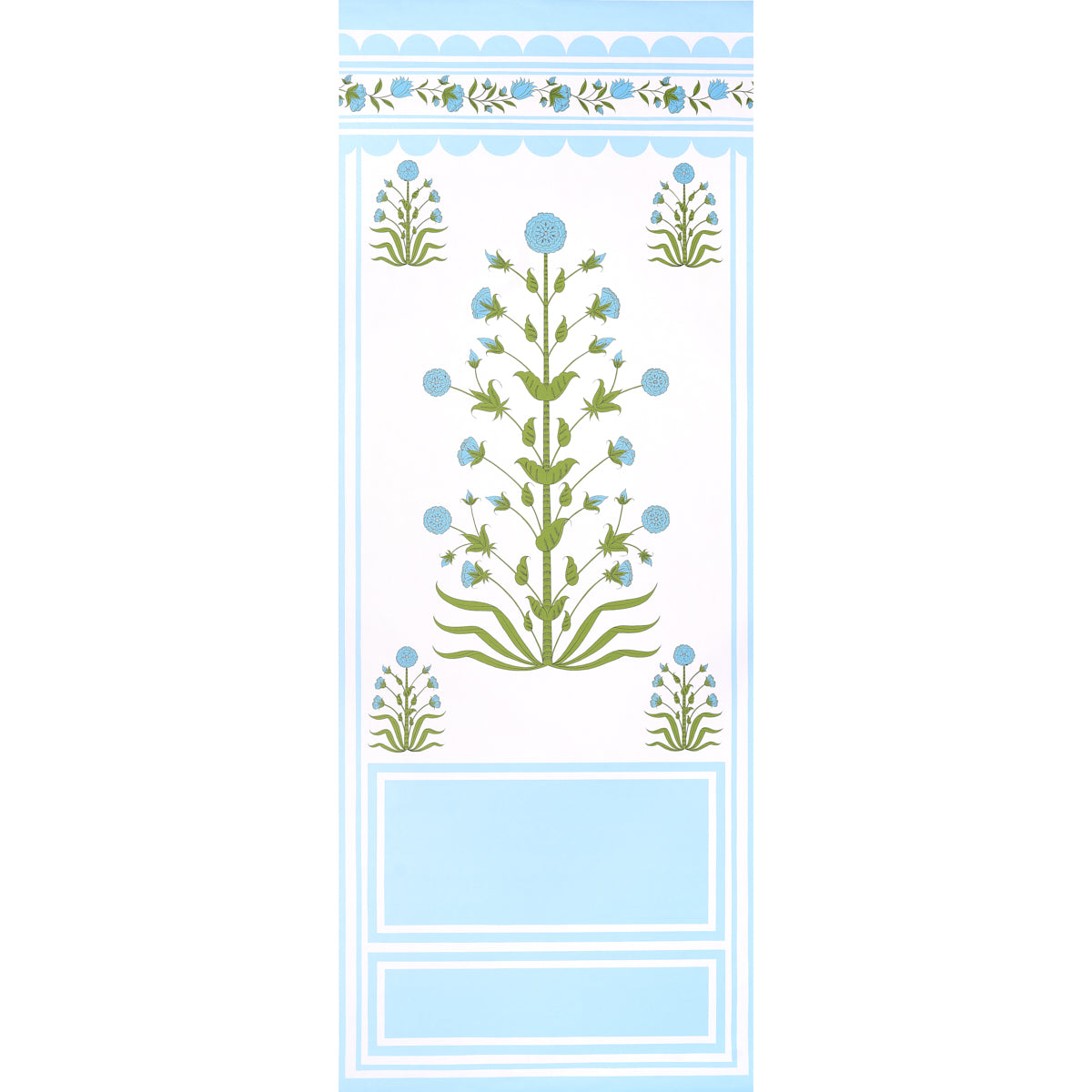 Royal Poppy Panel A wallpaper in blue by Marie-Anne Oudejans for Schumacher, featuring stylized blue flowers and scalloped borders.