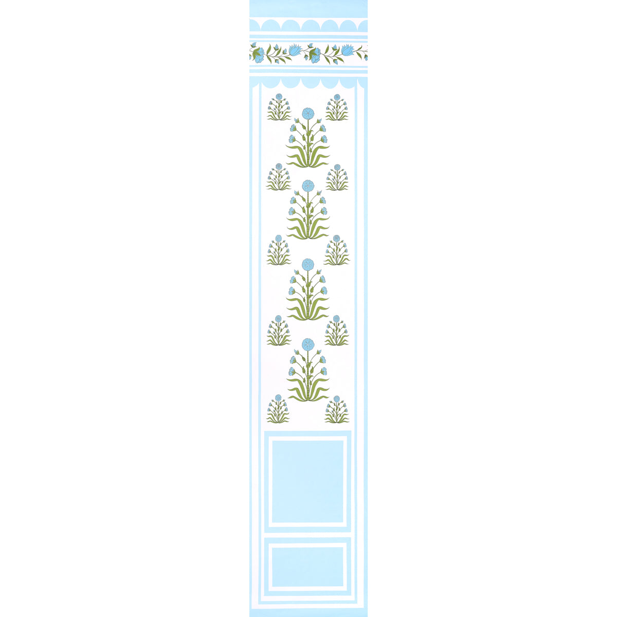Royal Poppy Panel B wallpaper in blue by Marie-Anne Oudejans for Schumacher, featuring stylized blue poppy flowers and scalloped borders.
