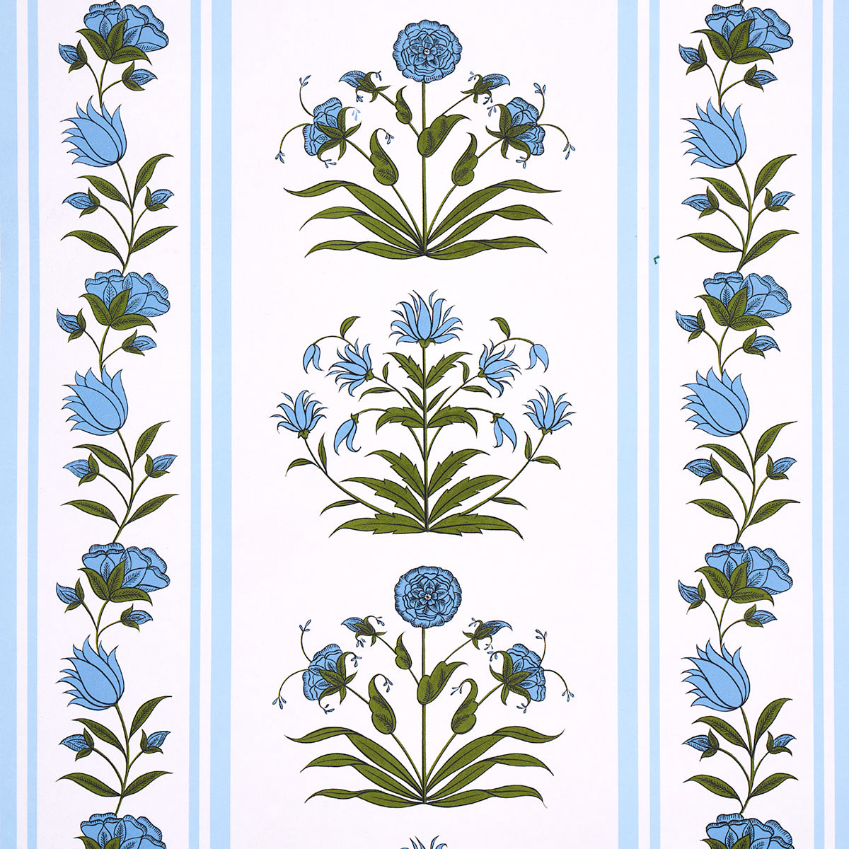 Poppy Stripes blue floral and stripe wallpaper by Marie-Anne Oudejans for Schumacher