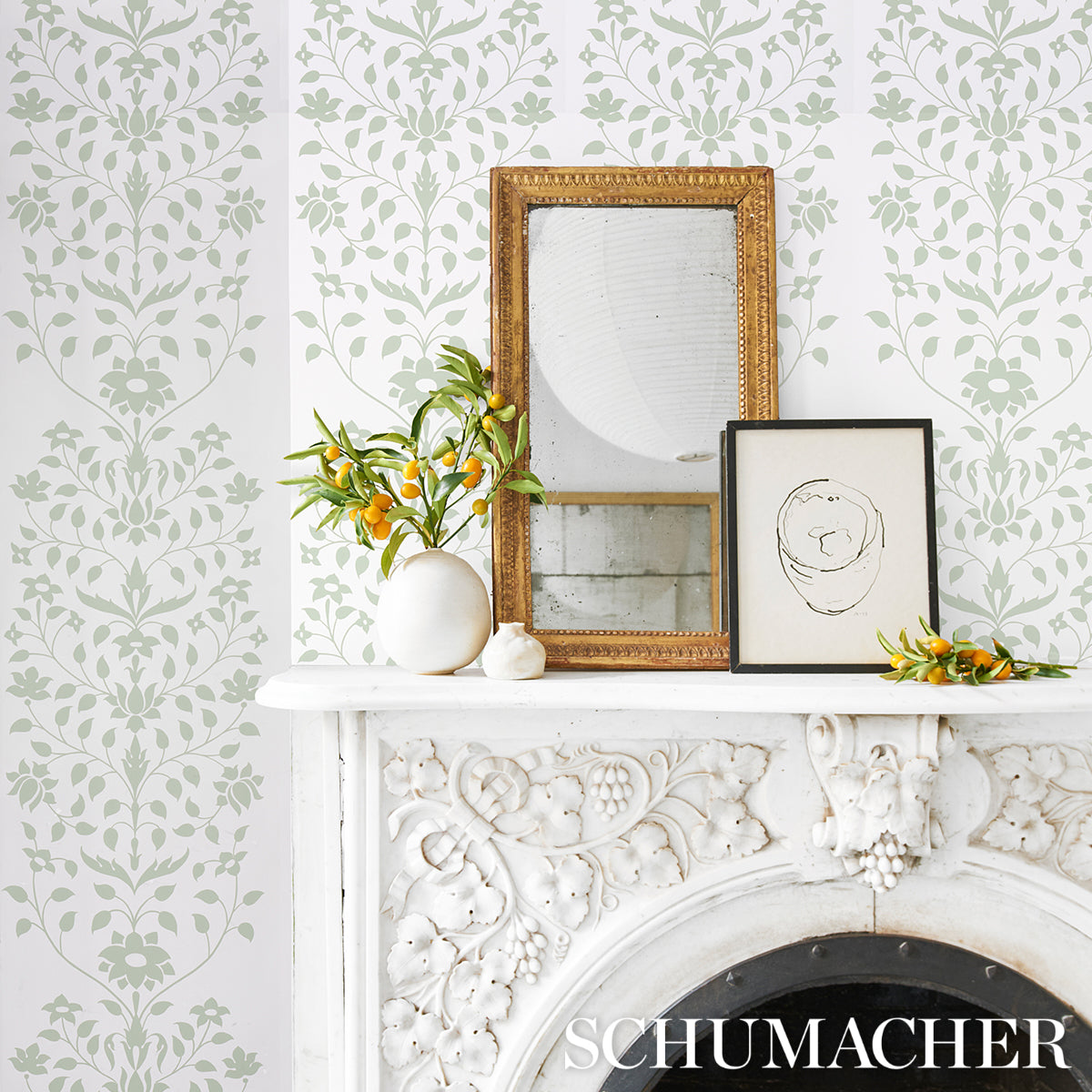 Jaipur Mughal Flower Green by Schumacher Marie-Anne Oudejans Collection Wallpaper – Schumacher 5014461