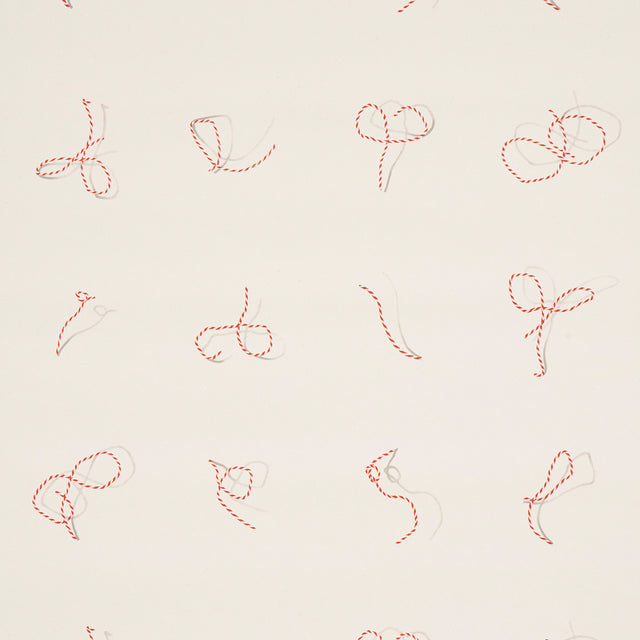 Butcher String wallpaper in red and white on ivory by Charlap Hyman & Herrero for Schumacher, featuring trompe l'oeil string design.