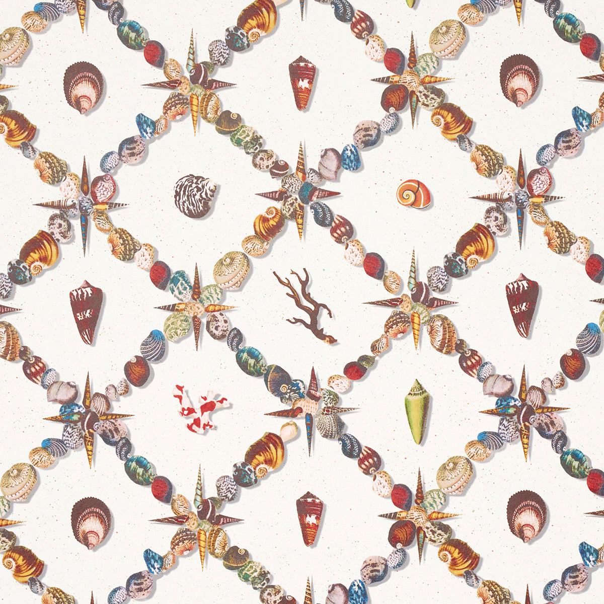 Grotto Treillage wallpaper by Schumacher featuring a playful collage of shells and marine curiosities in a trellis pattern, multi on ivory.