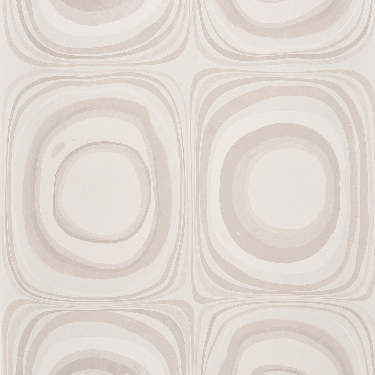 Mood Ring in Ghost by Backdrop for Schumacher. Large-scale concentric circle wallpaper in neutral tones, shown in a styled interior and close-up views.