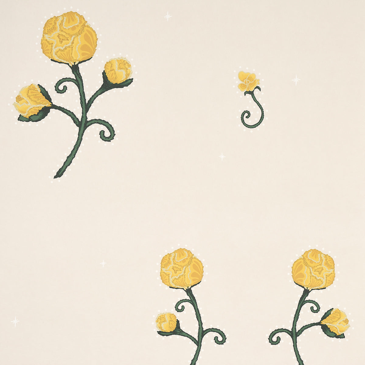 Rhinestone Cowboy wallpaper in bright yellow with stylized floral pattern by Schumacher, shown in room and detail views.