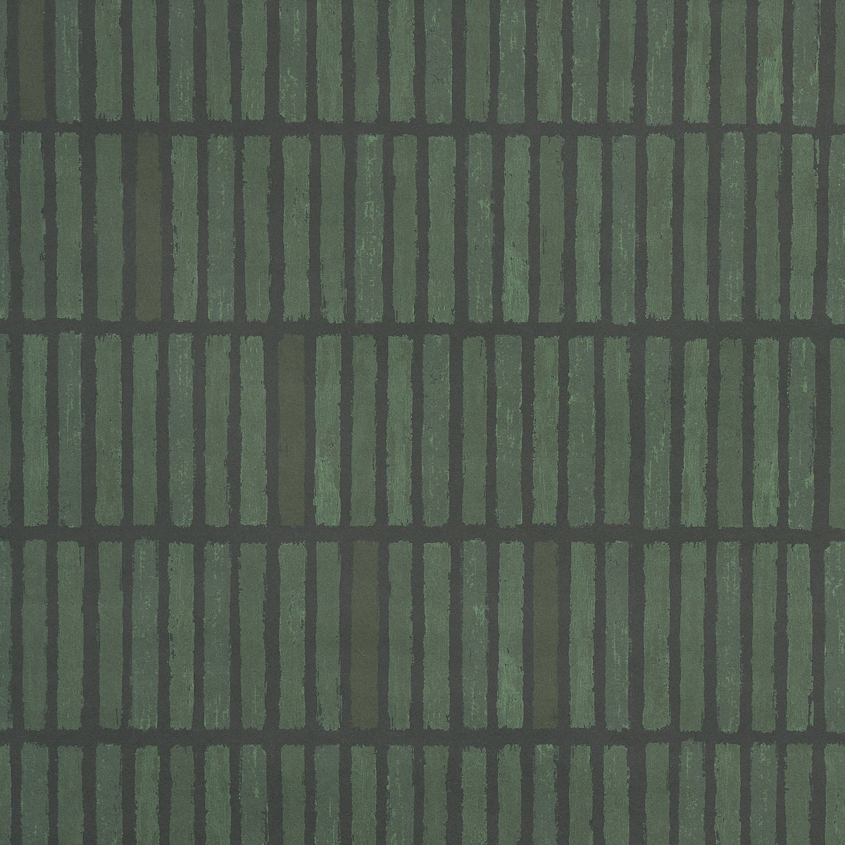 WABI-SABI Moss geometric grid wallpaper by Schumacher, hand-painted look in green tones, styled in a modern kitchen interior.