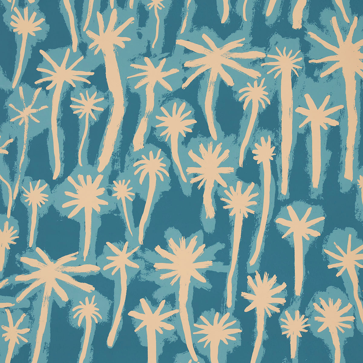 PALMITAS wallpaper in Bahama by Abel Macias for Schumacher, featuring hand-painted palm trees in a painterly tropical design.