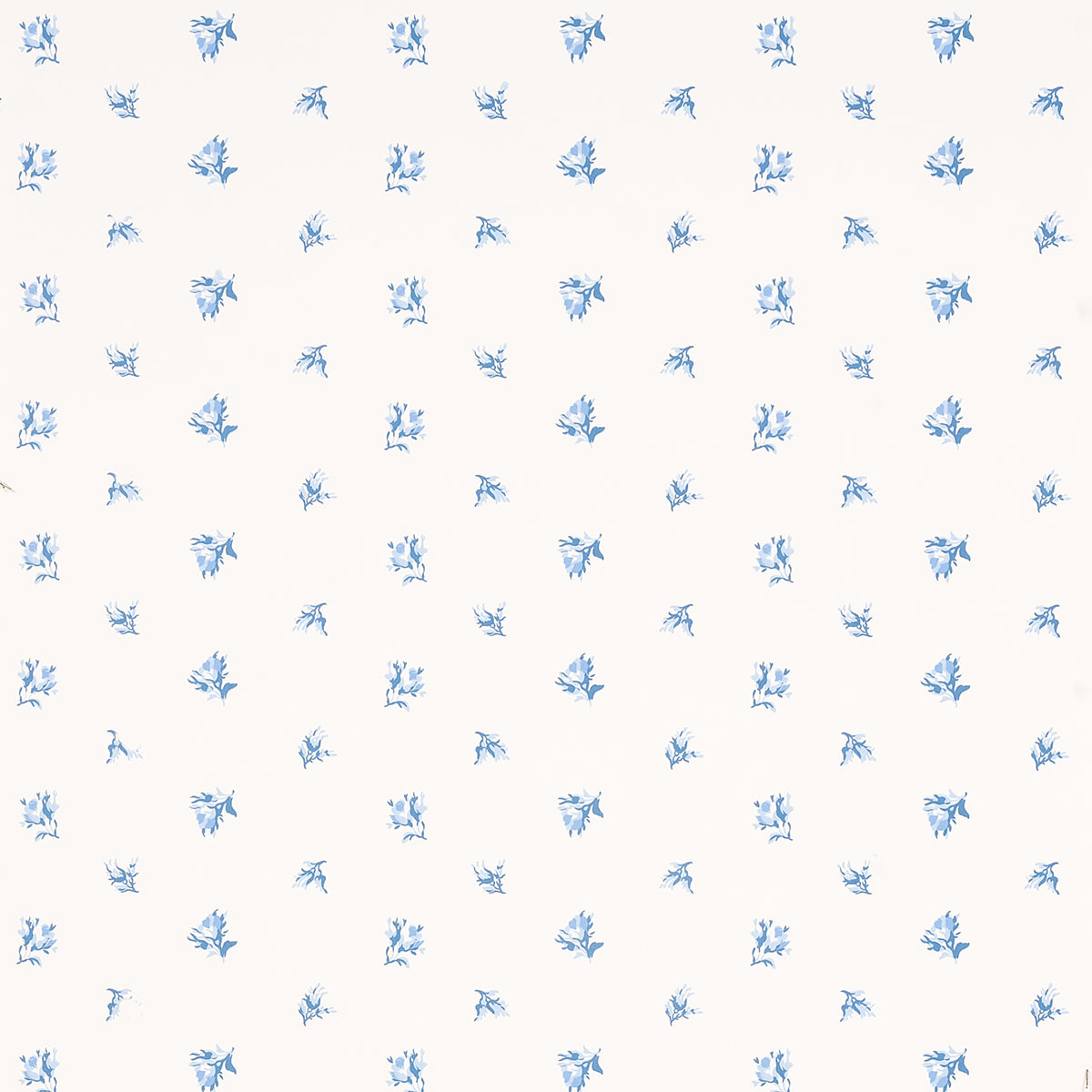 Margie Floral Porcelain wallpaper by Schumacher, featuring a delicate blue rosebud pattern on a white background.
