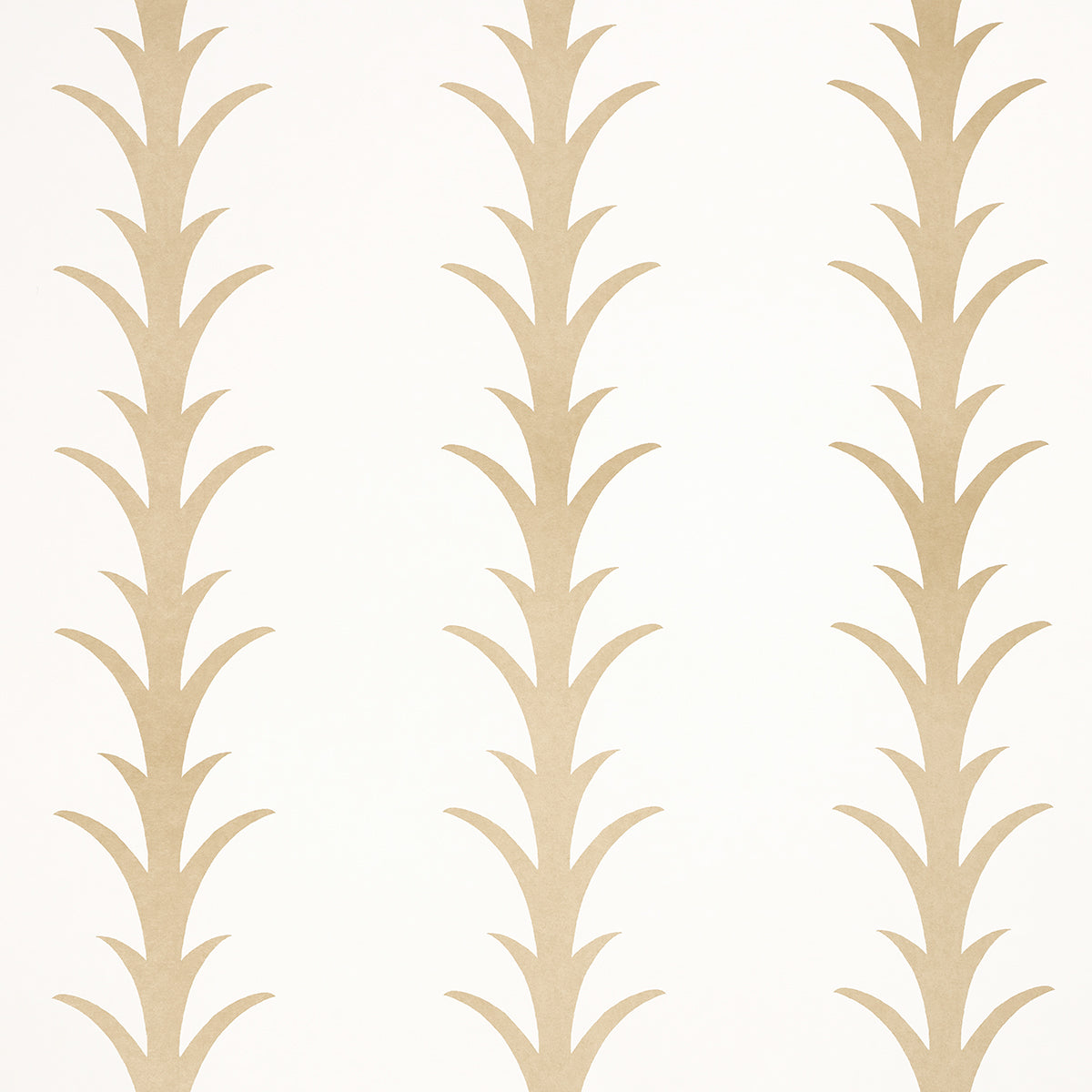 Acanthus Stripe wallpaper in gold on ivory by Schumacher, featuring a stylized acanthus motif in a vertical stripe pattern.