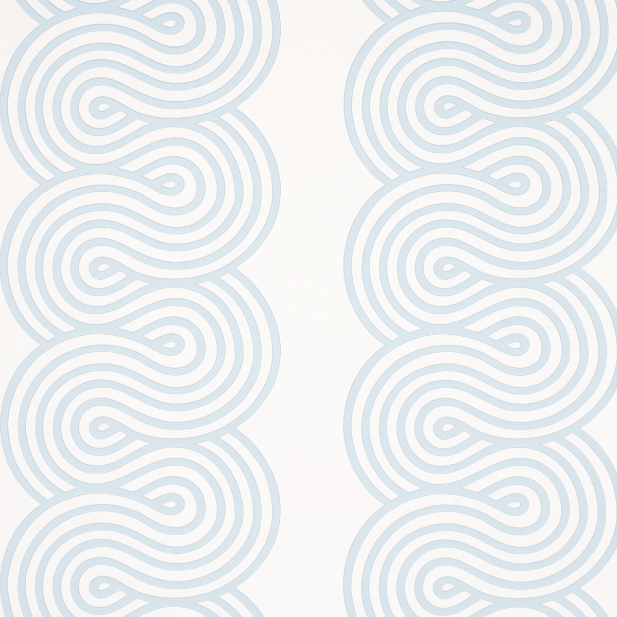 Giraldi Sky wallpaper by Schumacher featuring a ribbon-candy-esque stripe in light blue on white background, shown in detail and in room settings.