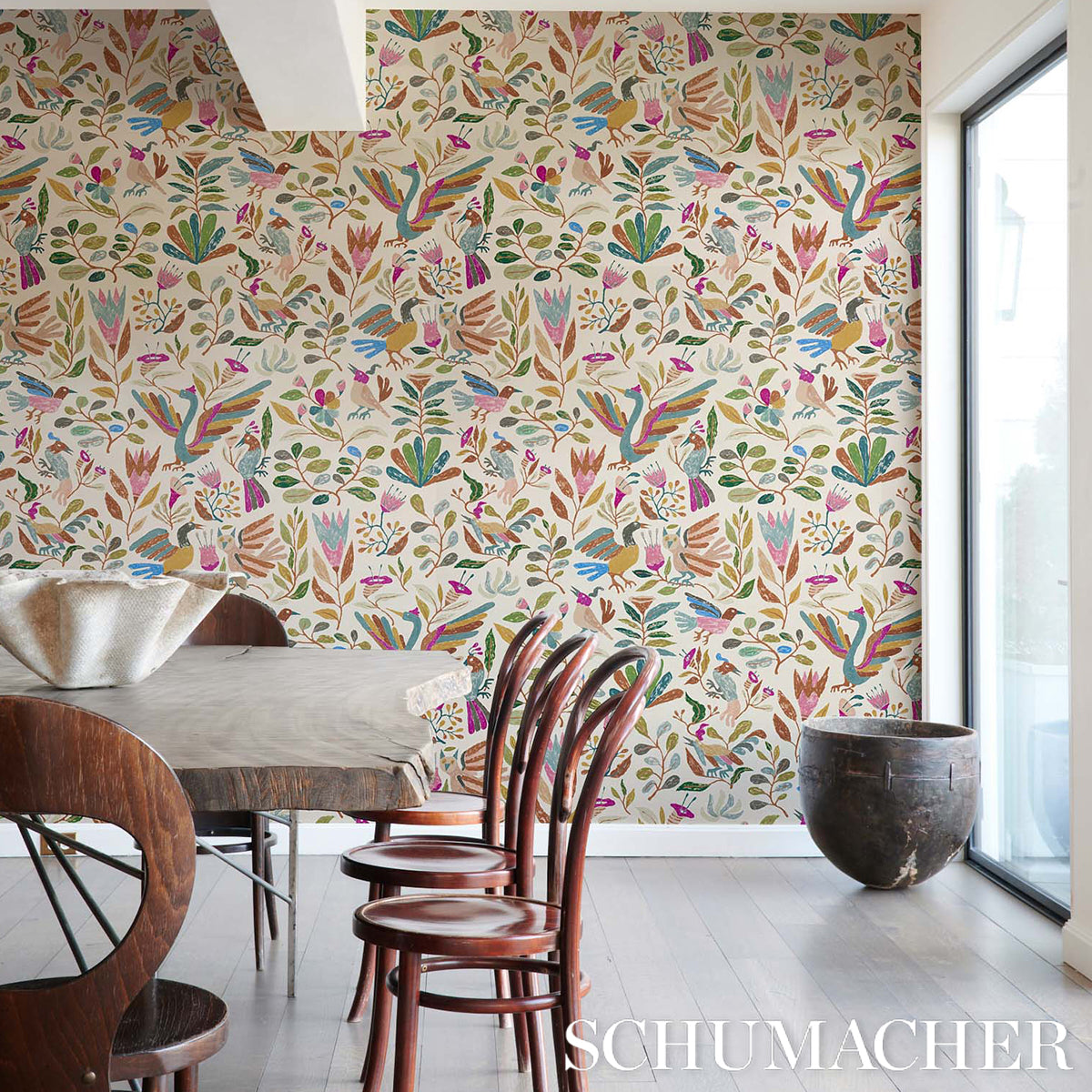 Canopy Multi Birds by Abel Macias Playful Birds and Florals Wallpaper – Schumacher 5014831
