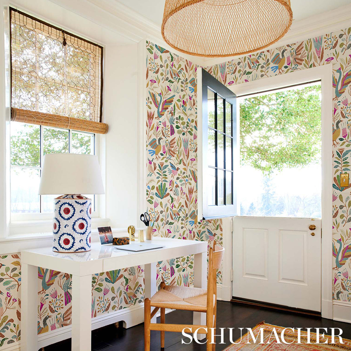 Canopy Multi Birds by Abel Macias Playful Birds and Florals Wallpaper – Schumacher 5014831