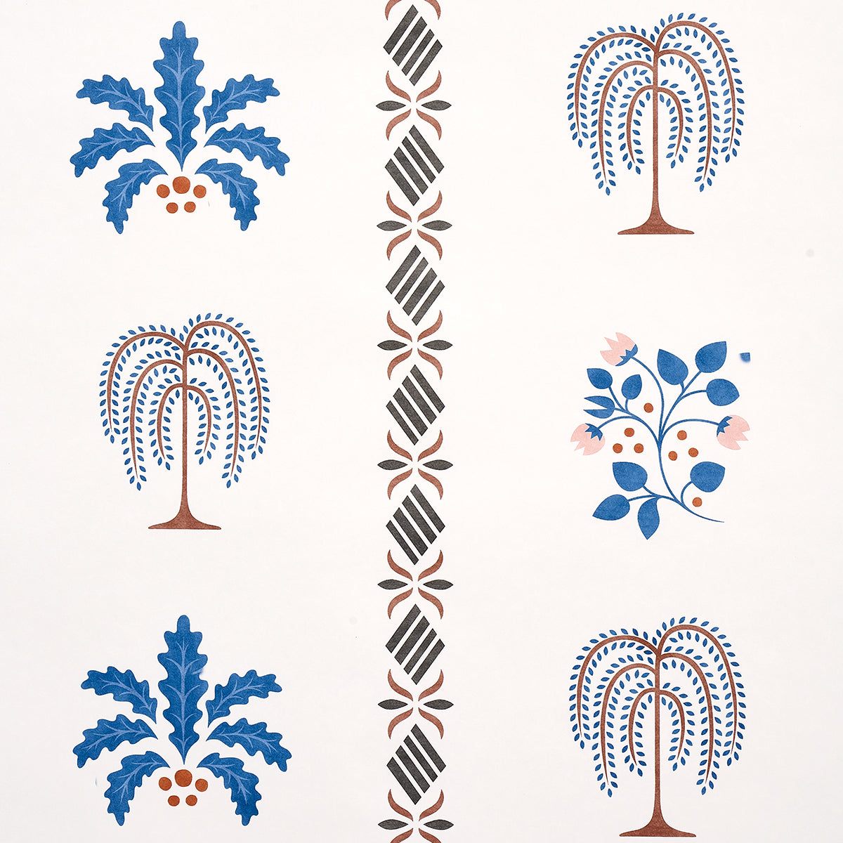 Willard House Stencil wallpaper in blue by Schumacher, featuring a charming botanical stripe and folk art-inspired motifs.