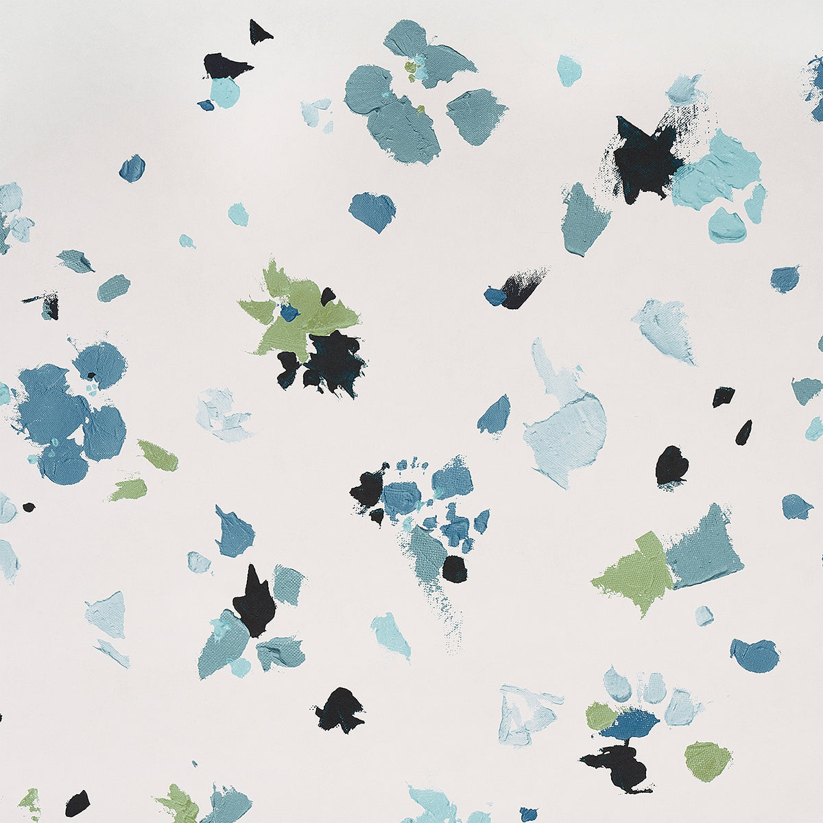 Backdrop Fairfarren Teal abstract floral wallpaper by Schumacher, shown in a modern dining room setting.