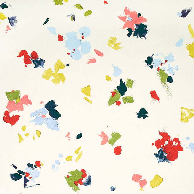 Backdrop Fairfarren Soft Multi abstract wallpaper with free-falling flower petals and multicolor paint strokes, shown in room and detail views.