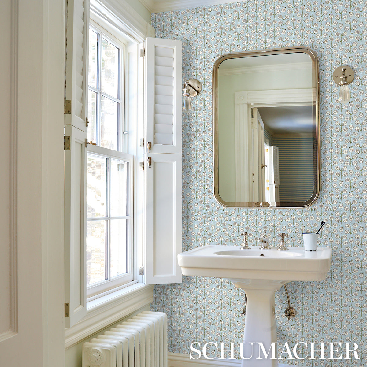 Gardenia Egg Blue by Neisha Crosland Small-Scale Floral Stripe Wallpaper – Schumacher 5014921
