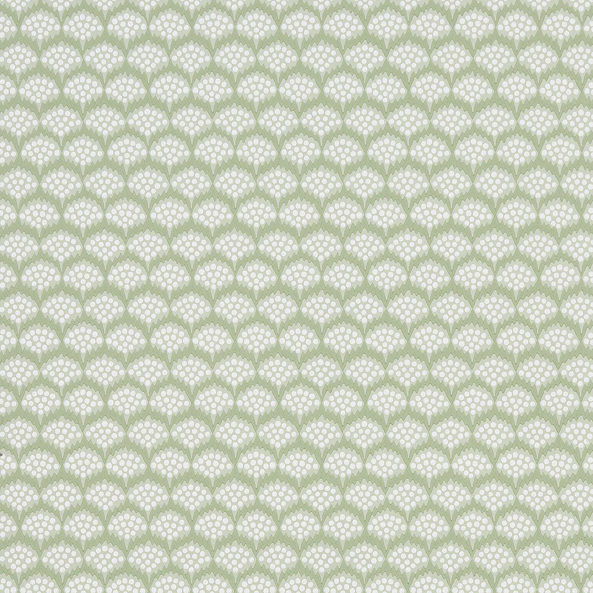Pollen Moss by Neisha Crosland for Schumacher. Abstract floral small-scale wallpaper in green and white, shown in room and detail views.