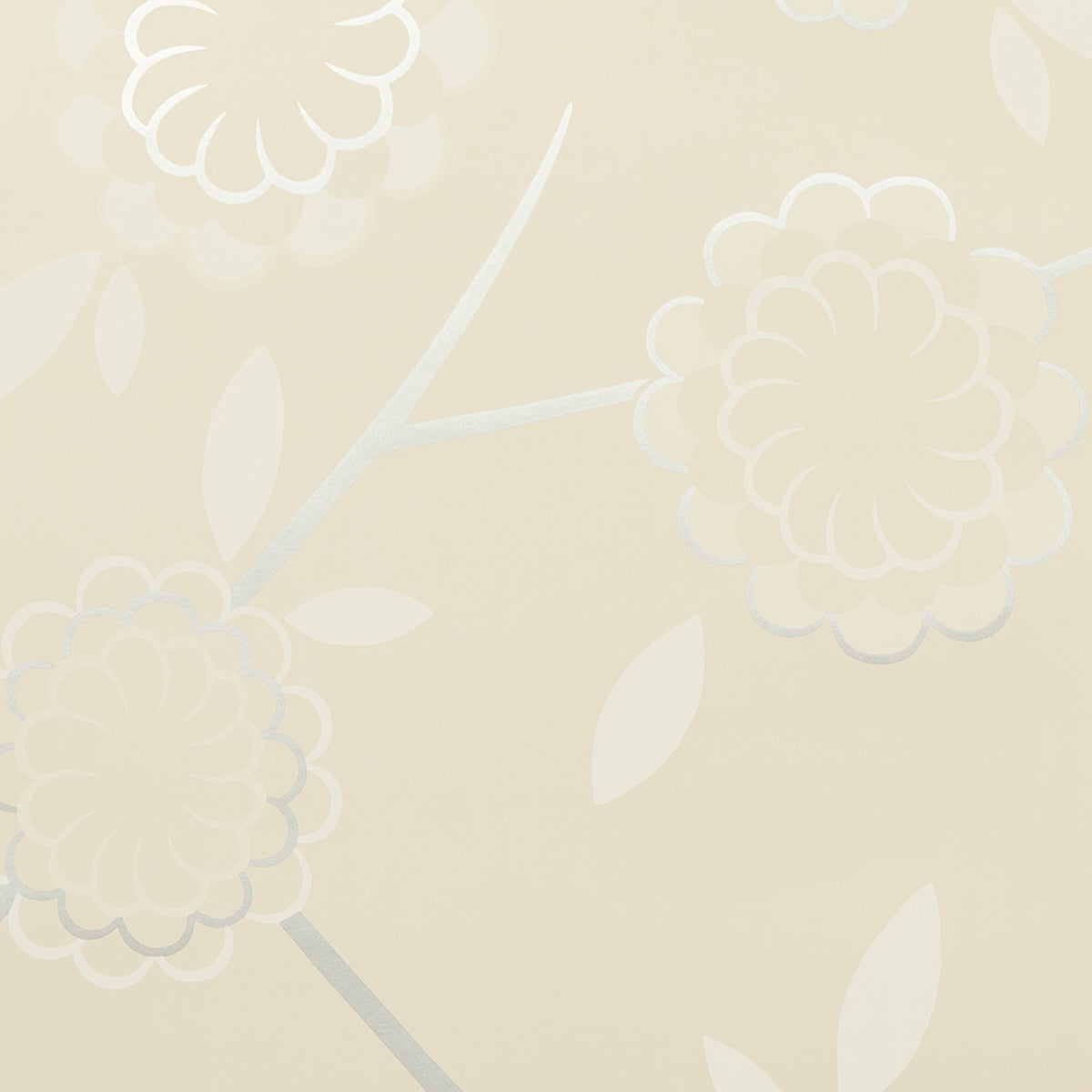 Birdtree Silver wallpaper by Neisha Crosland for Schumacher, modern floral wallcovering with metallic accents