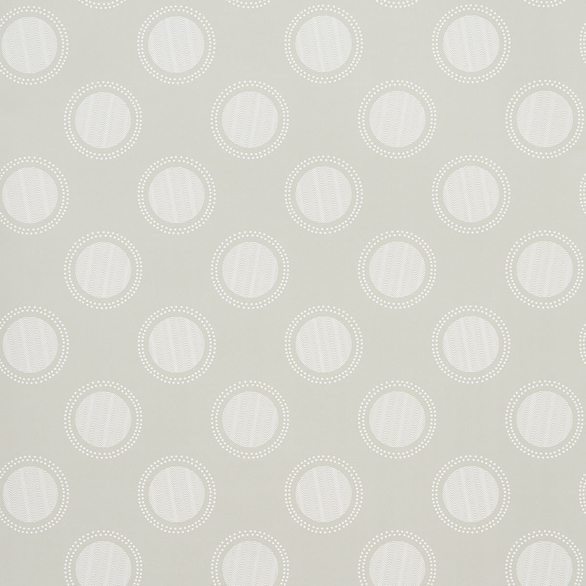Watermark wallpaper in Powder Grey by Neisha Crosland for Schumacher, featuring graphic ringed polka dots and optical effects.