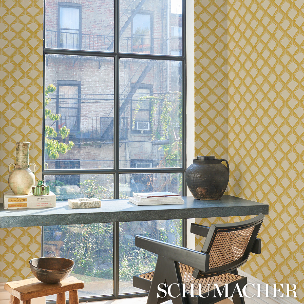 Maize Mustard by Neisha Crosland Trellis Wallpaper – Schumacher 5015042
