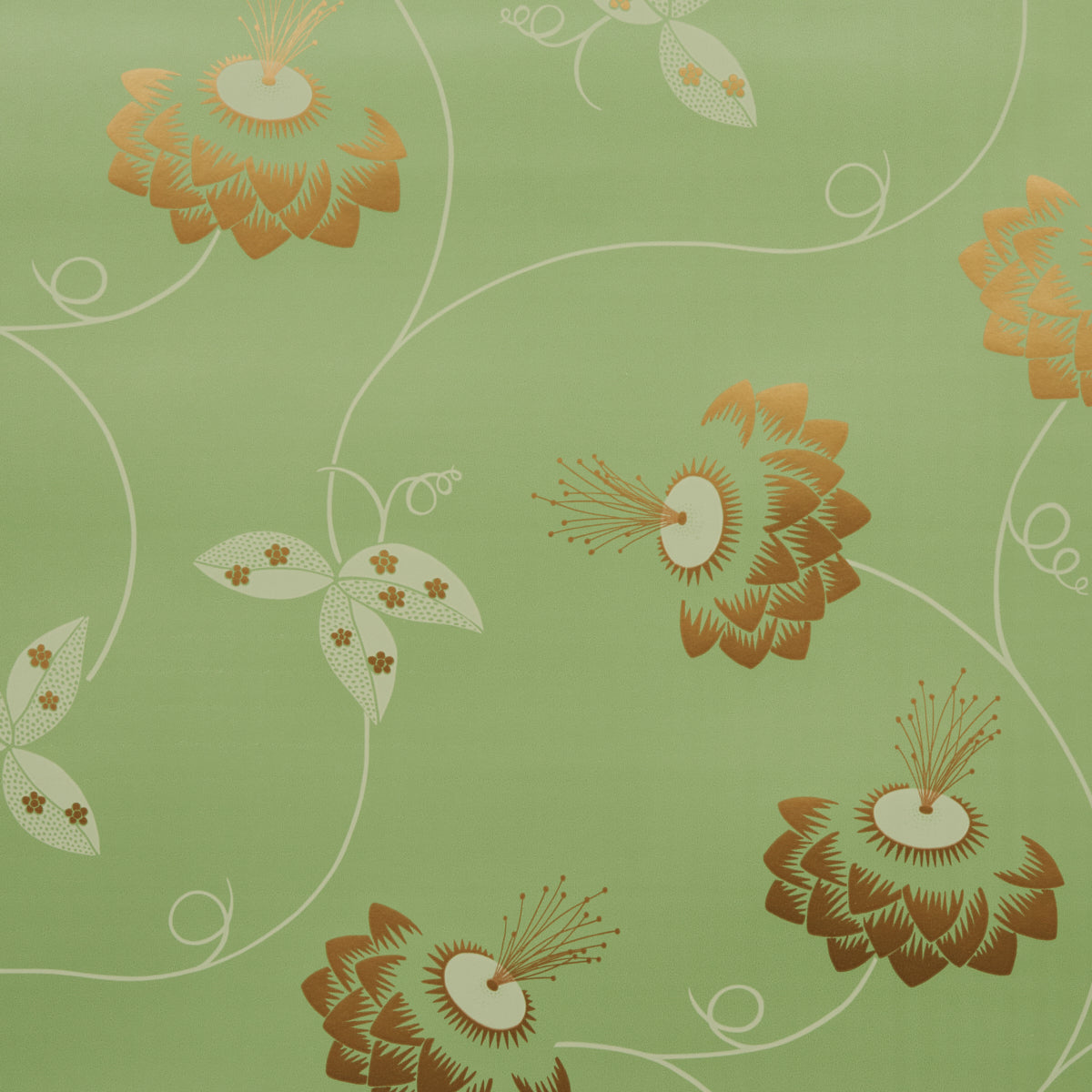 Merlin by Neisha Crosland in Plough Green, a climbing floral Art Deco wallpaper with stylized passionflower blooms.
