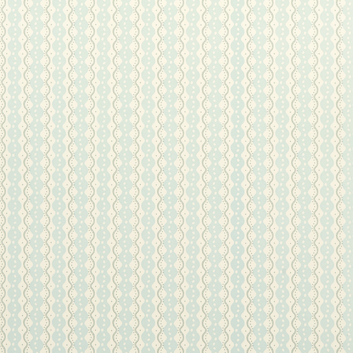 Centipede Stripe wallpaper in Icing Blue by Neisha Crosland for Schumacher, featuring a scalloped stripe and dot pattern.