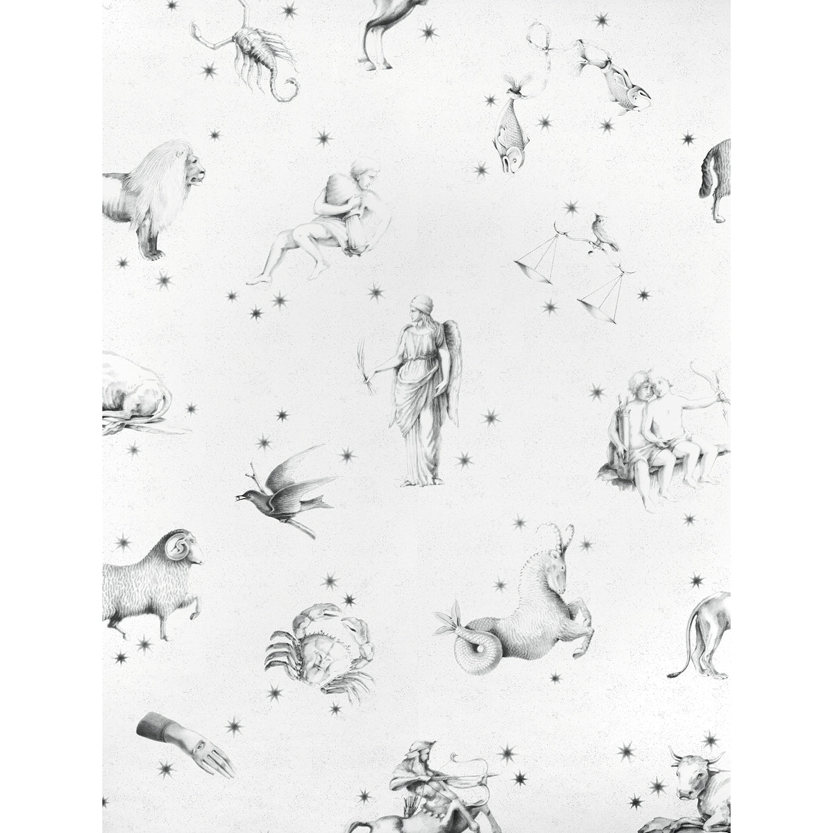 Pilar Panel Set wallpaper in Grisaille by Charlap Hyman & Herrero for Schumacher, featuring astrological symbols in graphite on a mural-like scale.