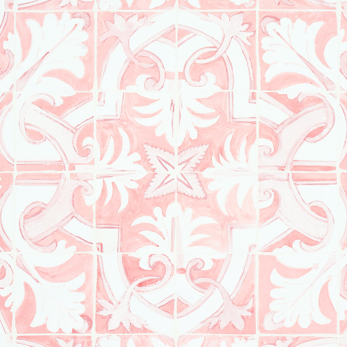Azulejos Pink wallpaper by Mary McDonald for Schumacher, inspired by antique Portuguese tiles, shown in a kitchen interior and close-up views.