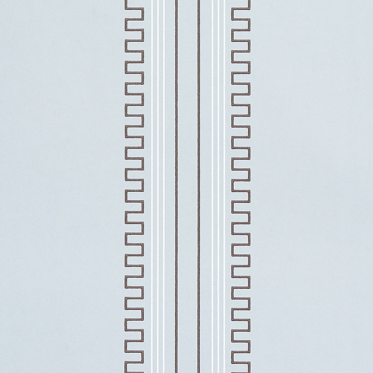 Greco Stripe wallpaper in Sky Bar Old Bak by Schumacher, designed by Mary McDonald, featuring neoclassical dentil stripes in blue and brown.