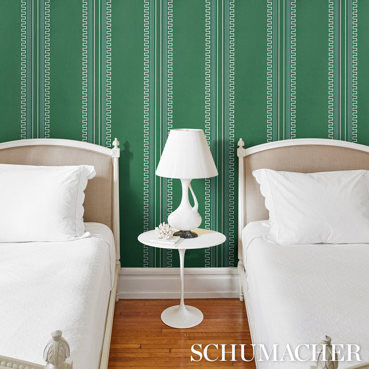Greco Stripe Green New Black by Mary McDonald Neoclassical Stripe Wallpaper – Schumacher 5015142