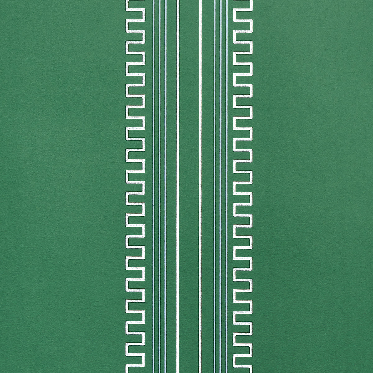 Greco Stripe wallpaper in Green New Black by Mary McDonald for Schumacher, featuring neoclassical dentil stripes on a green background.
