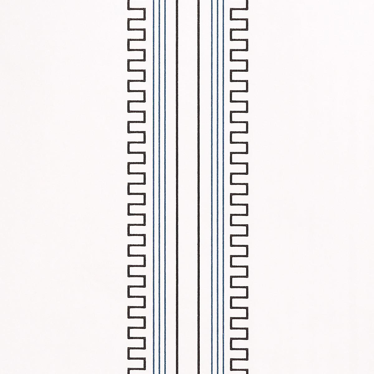 Greco Stripe wallpaper in Ivory New Black by Mary McDonald for Schumacher, featuring neoclassical dentil and stripe motifs.