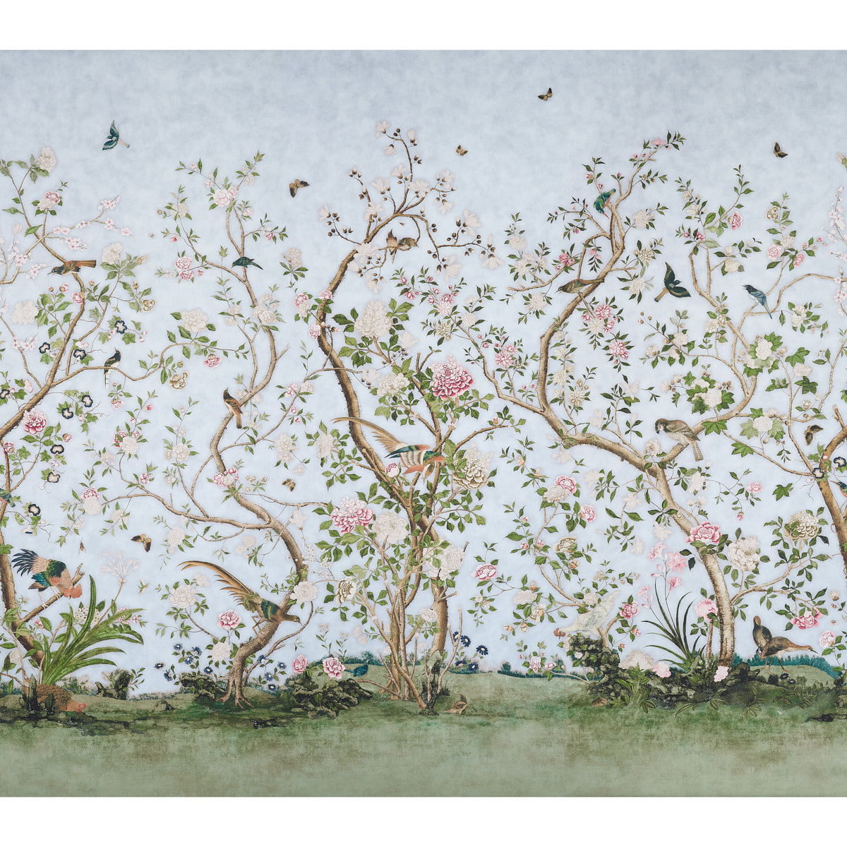 LES OISEAUX PANEL SET in Sky by Mary McDonald for Schumacher. Chinoiserie-style wall mural with birds, flowering peony trees, and a hand-painted look.