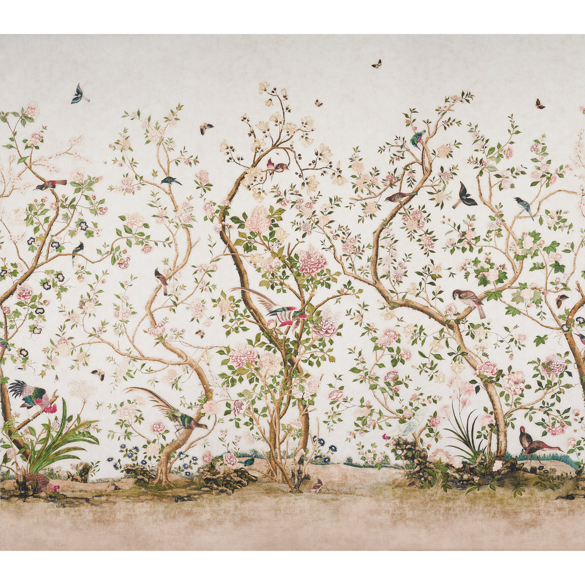 LES OISEAUX PANEL SET wallpaper by Mary McDonald for Schumacher, featuring elegant birds and flowering peony trees in ivory.