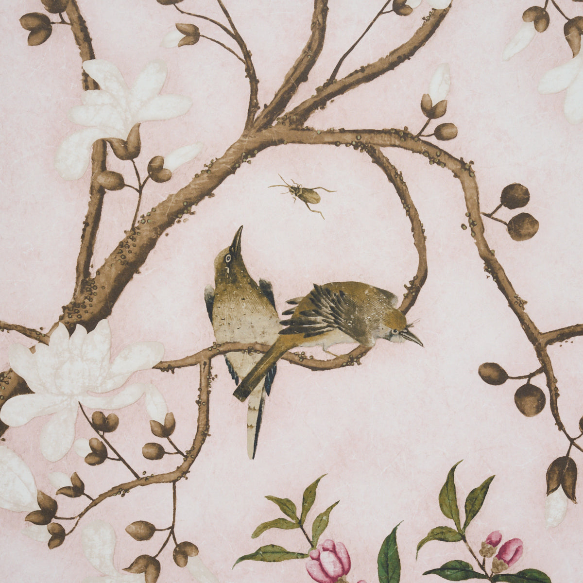 LES OISEAUX PANEL SET Blush by Schumacher Elegant Birds & Peony Trees Wallpaper – Schumacher 5015154