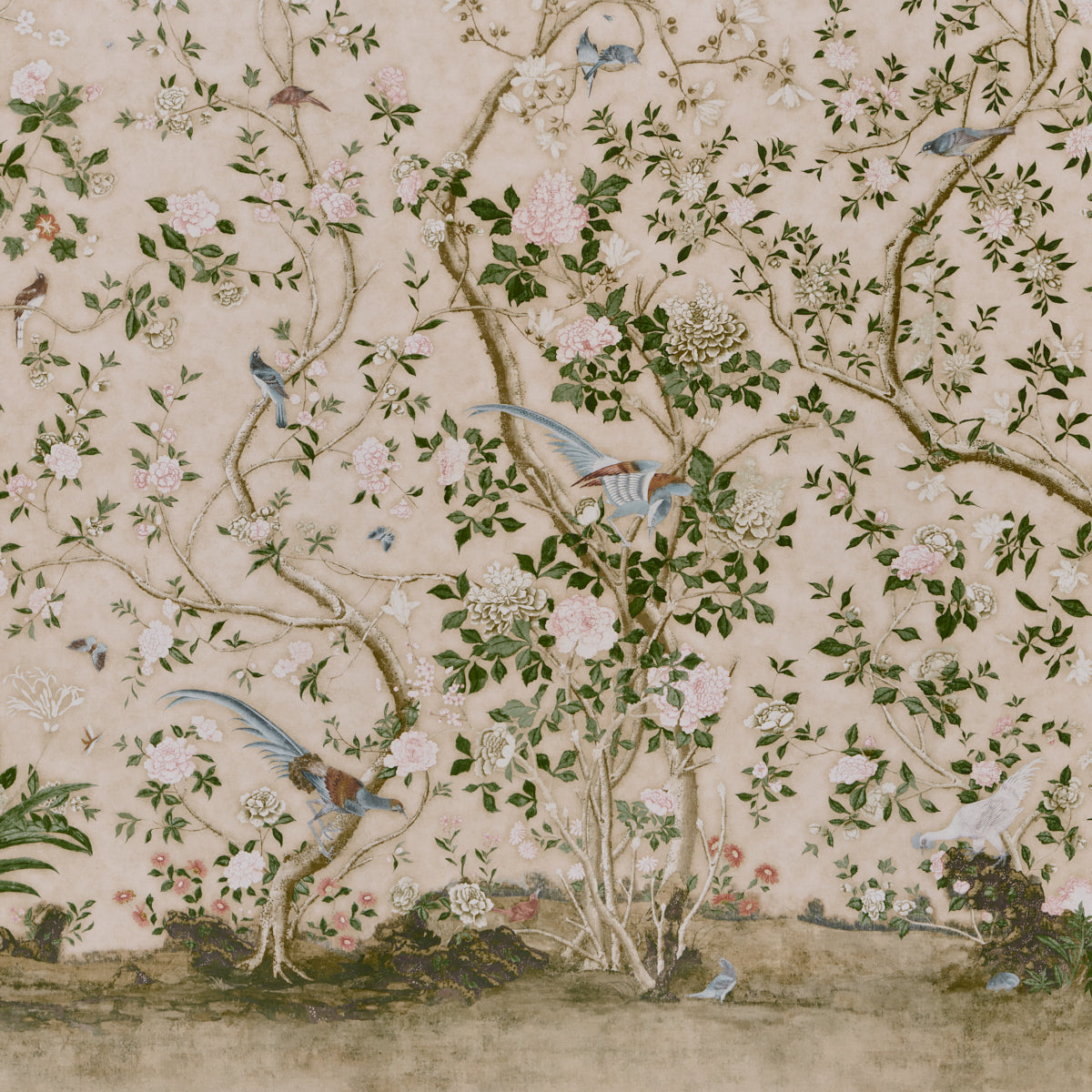 LES OISEAUX PANEL SET Parchment by Schumacher Elegant Birds & Peony Trees Wallpaper – Schumacher 5015155