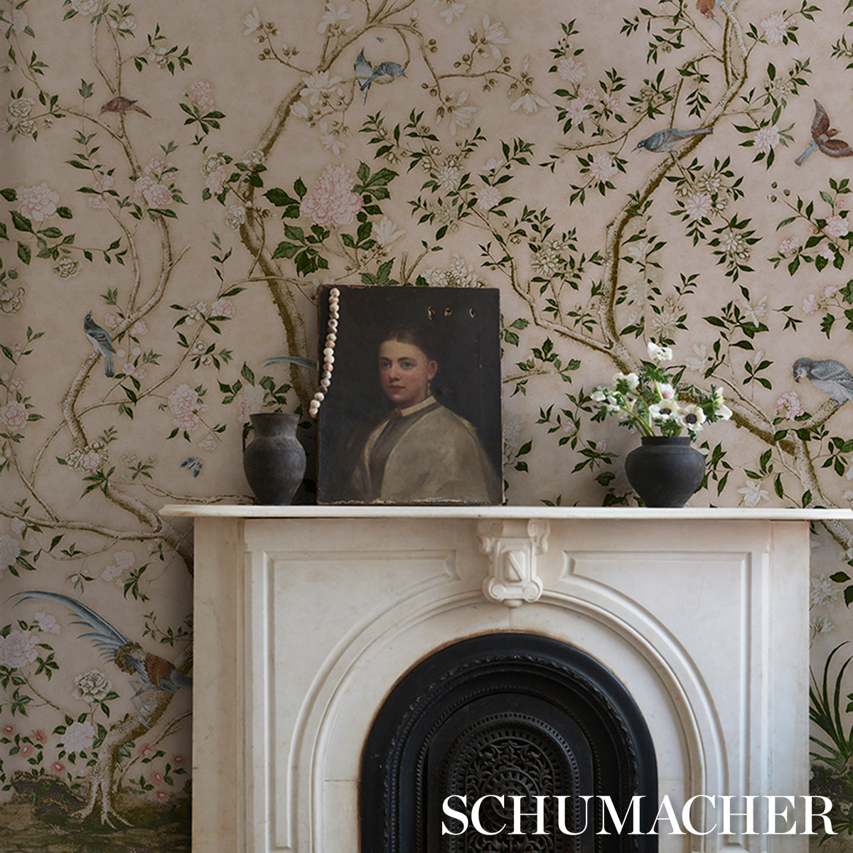 LES OISEAUX PANEL SET Parchment by Schumacher Elegant Birds & Peony Trees Wallpaper – Schumacher 5015155