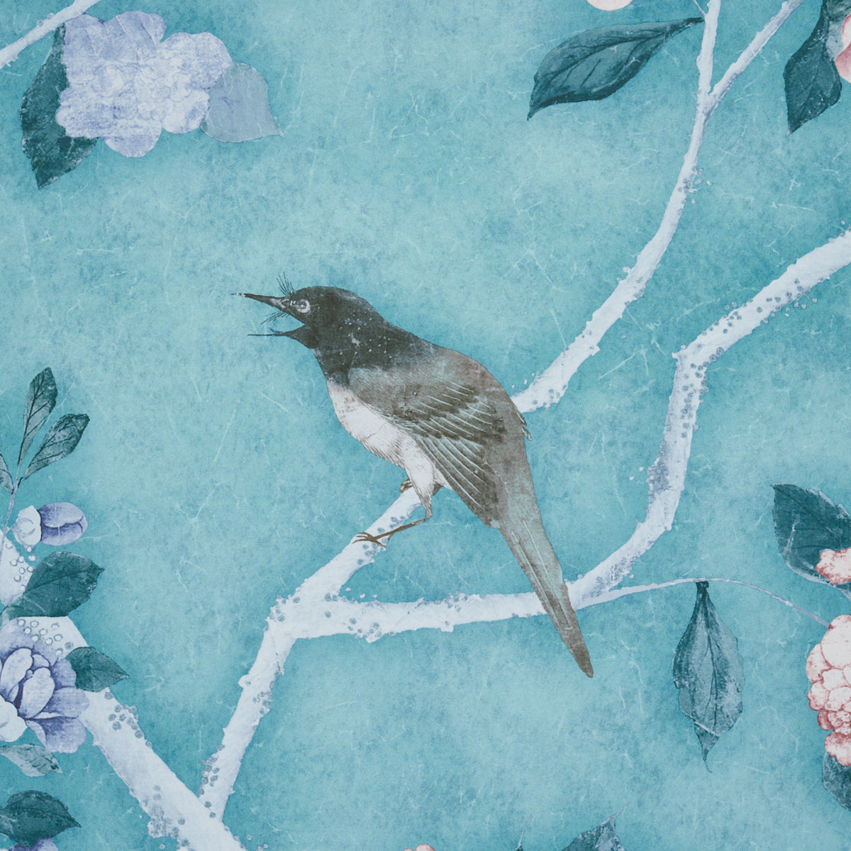 LES OISEAUX PANEL SET Blue Turquoise by Schumacher Birds & Peony Trees Wallpaper – Schumacher 5015156