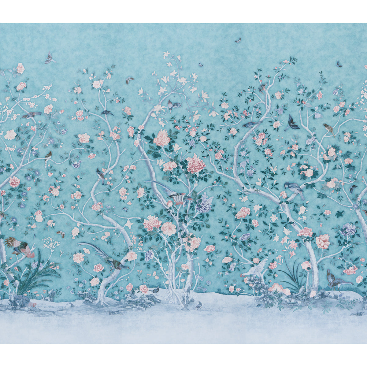 LES OISEAUX PANEL SET wallpaper by Schumacher, designed by Mary McDonald, featuring elegant birds and flowering peony trees in blue turquoise.